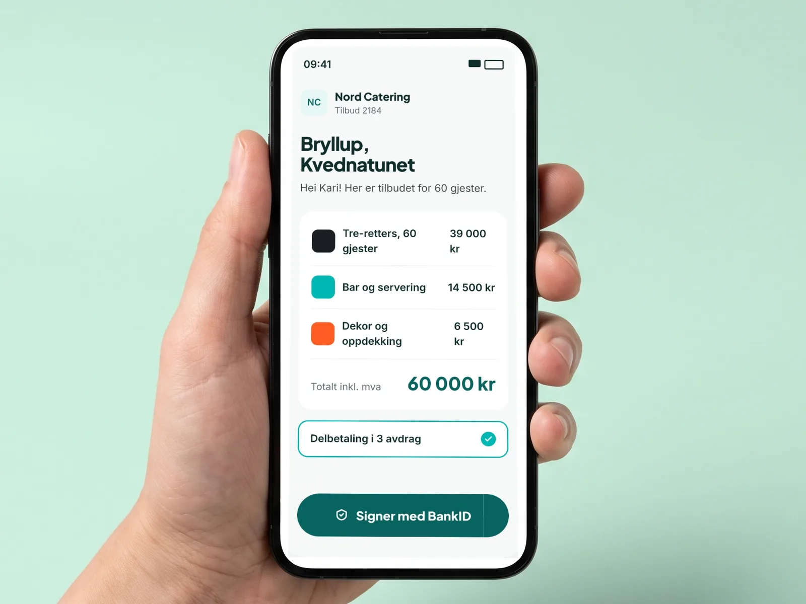 Kunden ser cateringtilbudet på mobilen og velger delbetaling