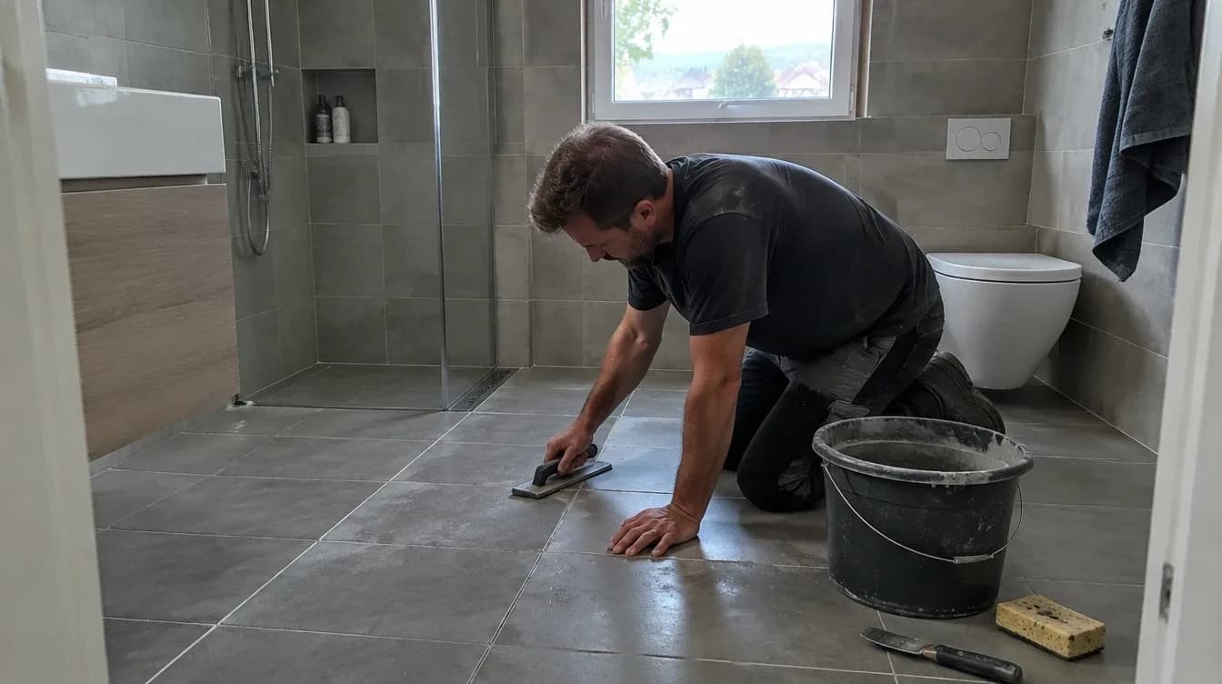 Håndverker legger fliser på badet