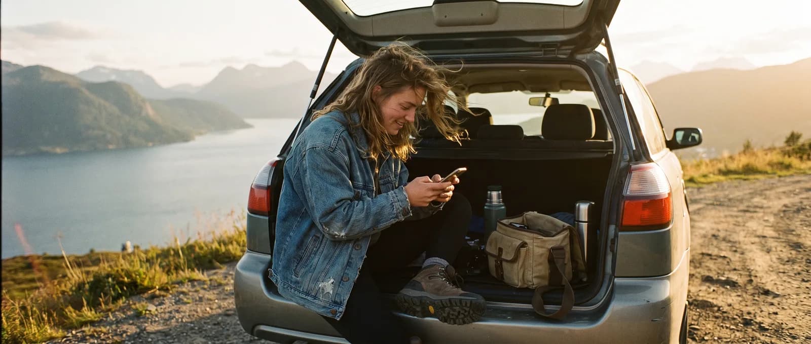Bryllupsfotograf ved fjorden skriver tilbud på mobilen