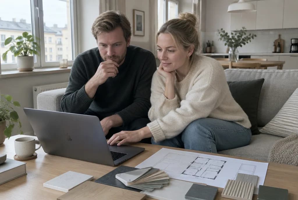 Par i sofaen som velger tilvalg på laptop hjemmefra
