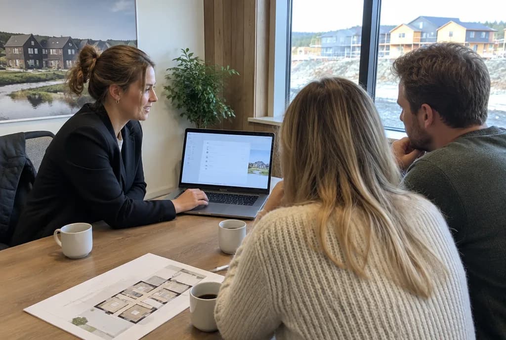 Boligkonsulent i tilvalgsmøte med et par som kjøper ny bolig