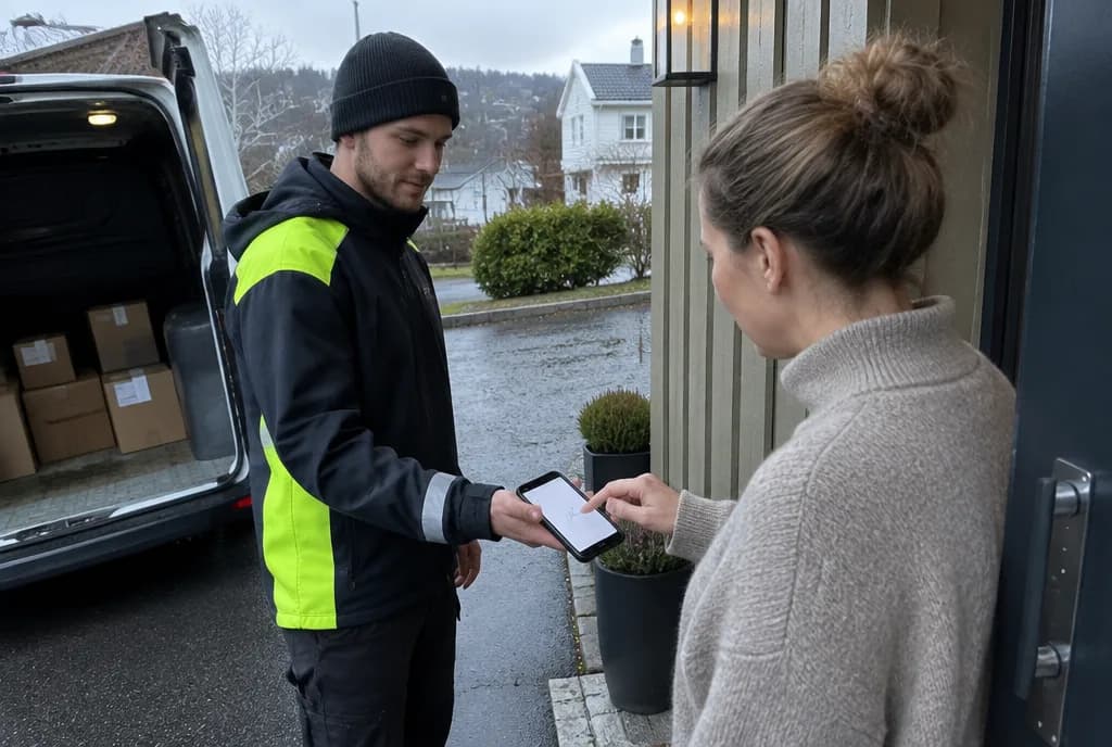 Sjåfør som leverer og får bestillingen godkjent på mobilen
