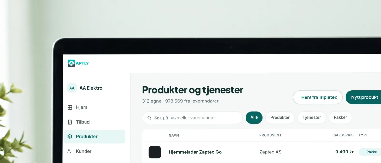 Aptly-portalen på en laptop: Produkter og tjenester med egne priser og import fra Tripletex