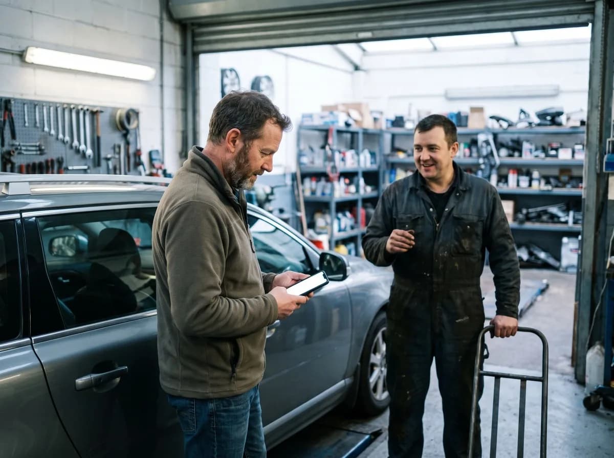 Bileier godkjenner reparasjonen på mobilen i verkstedet