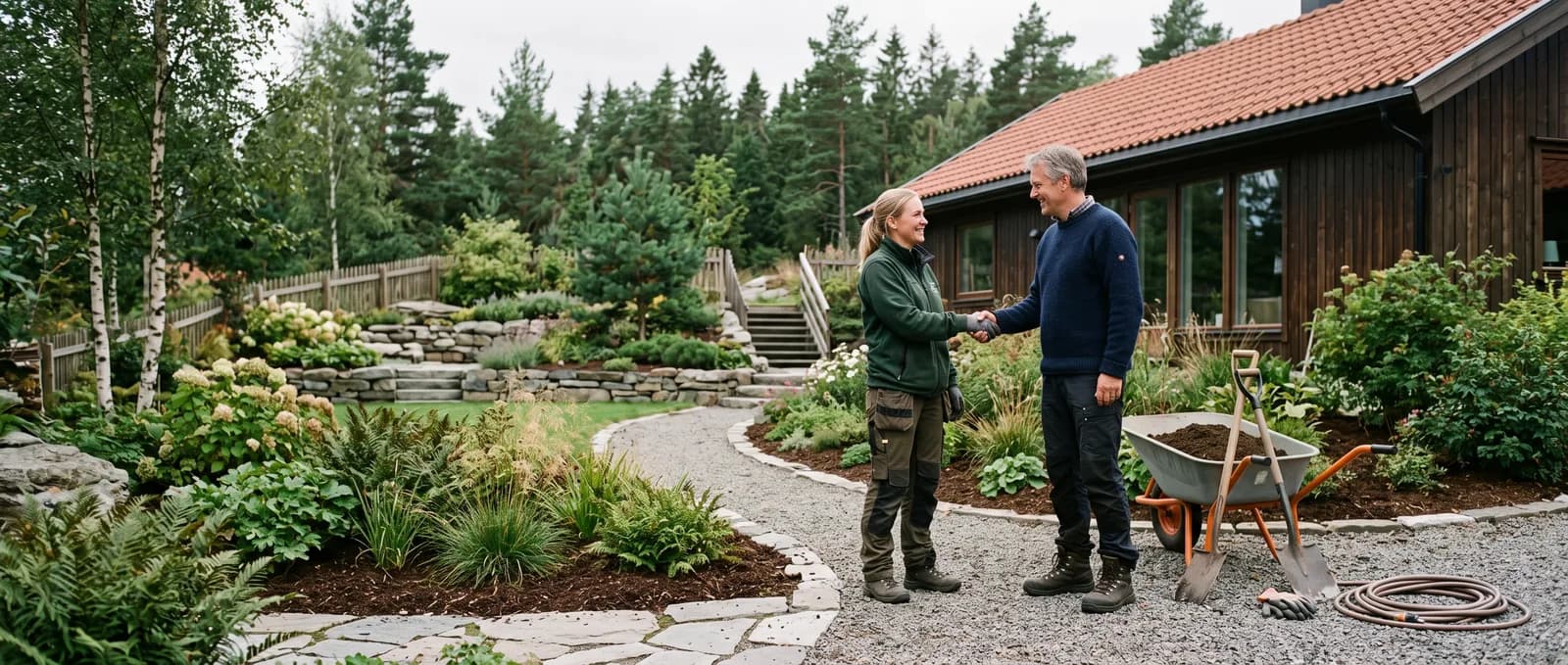 Anleggsgartner og huseier gir hverandre hånden i ferdig hage